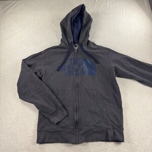 The North Face Full Zip Hoodie Gray Men's L Sweatshirt Logo Blue Spellout Winter